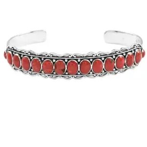 Santa Fe Style Mediterranean Red Coral Cuff Bracelet in Sterling Silver